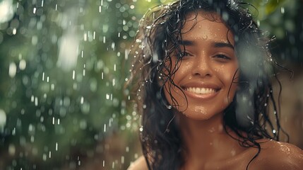 Obraz premium Beautiful Latina Woman with Happy and Serene Expression Enjoying Summer Rain in Nature.