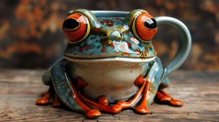 A ceramic mug with a frog sitting on top of it, AI - obrazy, fototapety, plakaty