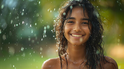 Beautiful Young Latina Woman with Happy and Serene Expression Enjoying Summer Rain in Nature. - obrazy, fototapety, plakaty