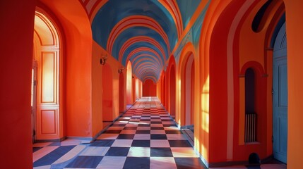 A hallway with a checkered floor and colorful walls, AI