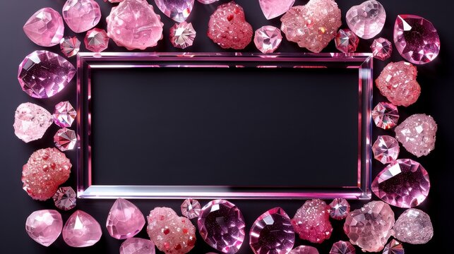  a picture frame made up of pink and purple crystals on a black background with a black space in the middle.