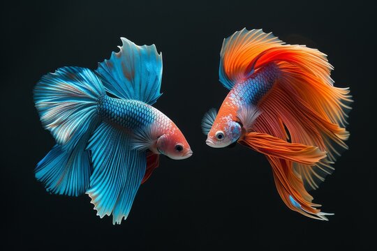 Two electric blue betta fish swimming next to each other in a black background
