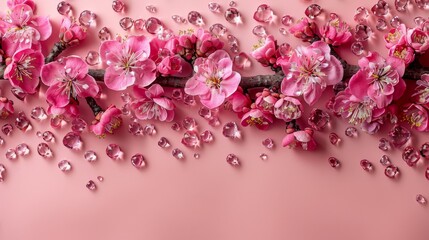  a branch of a cherry tree with pink flowers on a pink background with drops of water in the center of the branch.