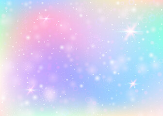Fairy background with rainbow mesh.  Trendy universe banner in princess colors. Fantasy gradient backdrop with hologram. Holographic fairy background with magic sparkles, stars and blurs.