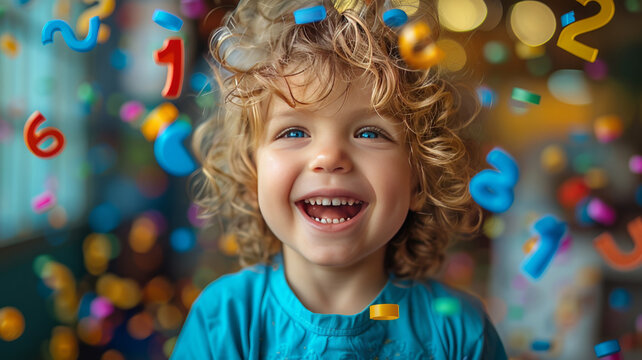 colorfull numbers floating in the air around a cute little kid,generative ai