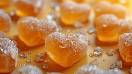  a group of heart shaped candies sitting on top of a table covered in ice cubes and water droplets.