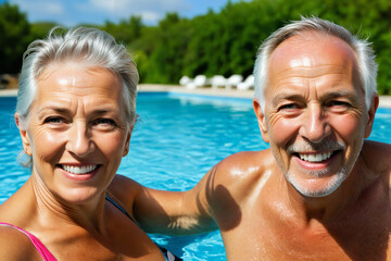 Obraz premium grandparents in the pool enjoying a day of vacation