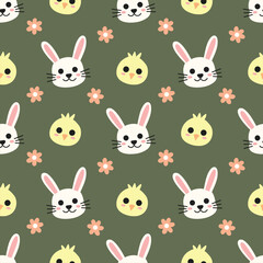 Easter Bunny and Easter Chick Heads on Olive Green Seamless Pattern