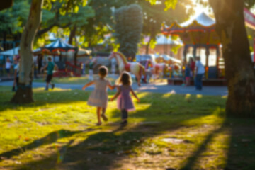 Fototapeta premium Blurred image of children playing against the backdrop of bright green park on sunny day
