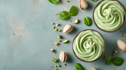 Two cups of green ice cream with pistachios and mint leaves resemble a blooming garden on the table - obrazy, fototapety, plakaty