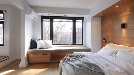 Fototapeta na wymiar Modern bedroom with a built-in bench seat under the window that lifts up to reveal hidden storage for blankets and throws