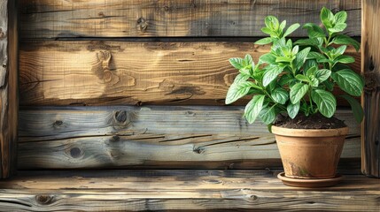  a potted plant sitting on top of a wooden bench in front of a wooden wall with a wooden slatted wall behind it. - obrazy, fototapety, plakaty