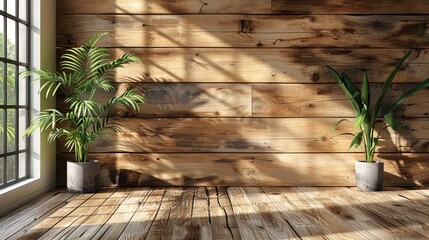  a room with a wooden wall and two potted plants next to a window with a view of trees outside.
