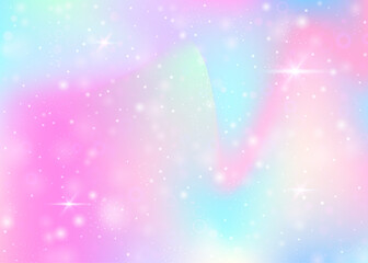 Hologram background with rainbow mesh. Liquid universe banner in princess colors. Fantasy gradient backdrop. Hologram magic background with fairy sparkles, stars and blurs.