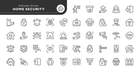 Set of line icons in linear style. Series - Home security and protection. Alarm system, locking, smart home, lock and key.Outline icon collection. Conceptual pictogram and infographic.	 - obrazy, fototapety, plakaty