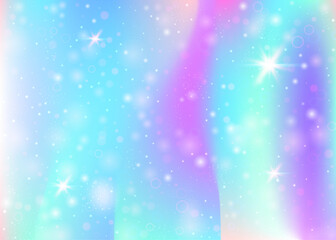 Magic background with rainbow mesh. Girlie universe banner in princess colors. Fantasy gradient backdrop with hologram. Holographic magic background with fairy sparkles, stars and blurs.