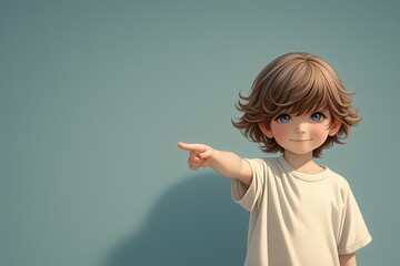 A child poses and points his finger on color background