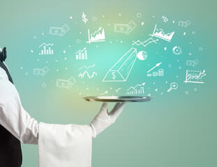 Handsome young waiter in tuxedo holding money icons on tray