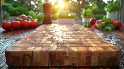  a wooden cutting board sitting on top of a wooden table next to tomatoes and lettuce in the background. - obrazy, fototapety, plakaty