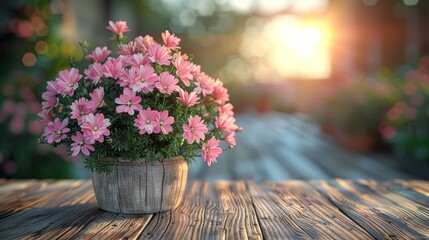  a close up of a potted plant on a wooden table with pink flowers in front of a blurry background.