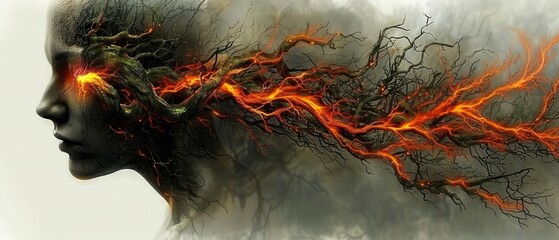  A painting of a female figure with flames emanating from her locks and tree limbs extending from her head