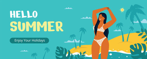 A banner template for a summer seaside holiday with the figure of a beautiful woman on the beach.