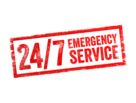 24 7 Emergency Service - a service or assistance that is available around the clock, 24 hours a day, 7 days a week, for handling urgent or emergency situations, text concept stamp