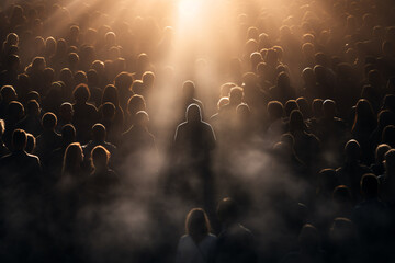 a group of people standing in a crowd - obrazy, fototapety, plakaty