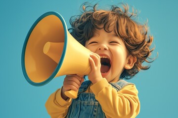 a child with megaphone speaker on soft blue background
