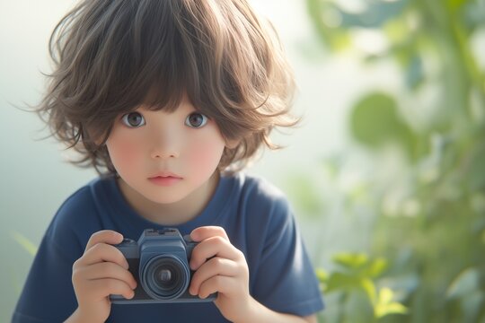 a cute child using camera to take a photo