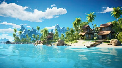 Obraz premium tropical island with palm trees and houses surrounded by blue water of sea