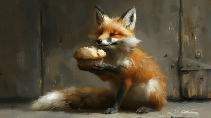 Fototapeta premium a painting of a fox holding a muffin in it's paws and looking at it's face.