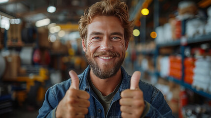 Satisfied mechanic approves repair service with cheerful thumbs-up.generative ai