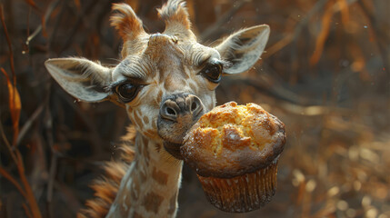  a close up of a giraffe eating a muffin from a muffin in front of its face.