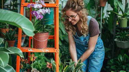 A young, smiling gardener in overalls and glasses waters an orchid in an old milk can on a vintage...