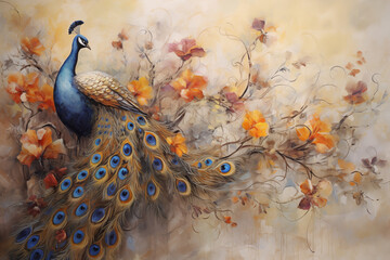 Modern art colorful peacock painted on a canvas, art design - obrazy, fototapety, plakaty