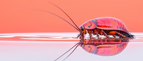  Close-up photo of an insect over water with pink background and reflected image