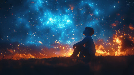 A happy amazed kid is sitting on the grass watching the sky full of stars,generative ai - obrazy, fototapety, plakaty