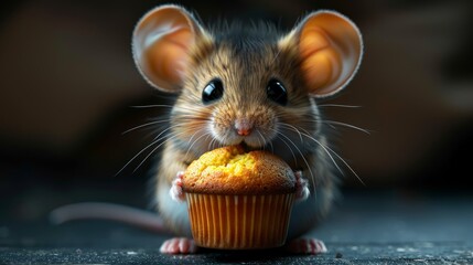 a close up of a mouse eating a muffin with a bite taken out of one of the muffins. - obrazy, fototapety, plakaty