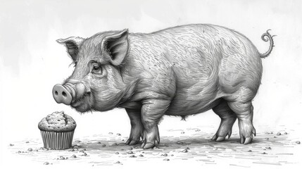  a black and white drawing of a pig with a muffin in it's mouth and a cupcake in front of it.