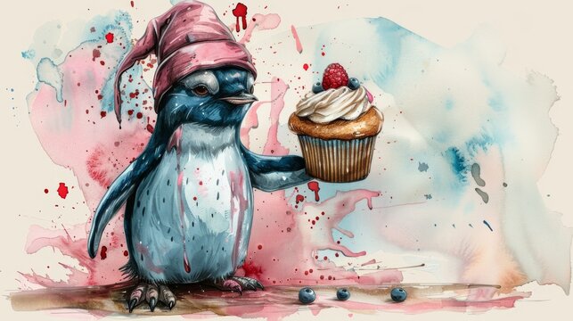  a watercolor painting of a penguin holding a cupcake with a strawberry on top of it and wearing a pink hat.