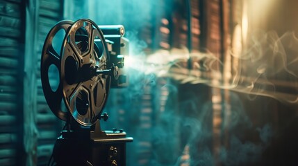 A film projector rests on a wooden surface. The lighting is dramatic, highlighting the projector with a soft focus.