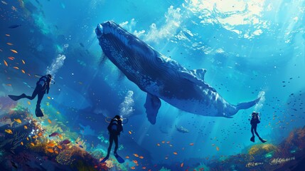 group of scuba diving student in tropical ocean coral reef sea under water with big whale
