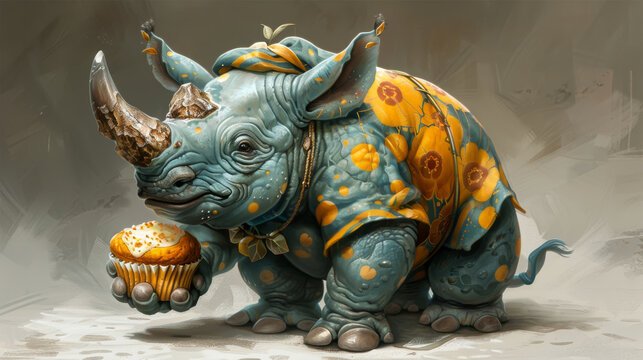  a painting of a rhino with a cupcake in it's mouth and a piece of food in its mouth.