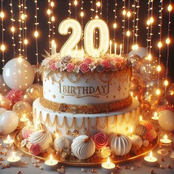 birthday cake with candles and festive decoration- 20 years old