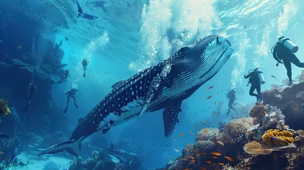 Keuken spatwand met foto group of scuba diving student in tropical ocean coral reef sea under water with big whale © neirfy