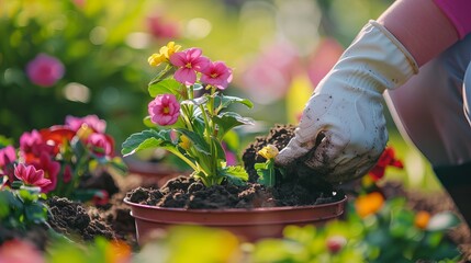 Gardener carefully placing flowers in a pot filled with soil.