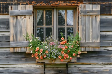 Fototapeta na wymiar Rustic Charm: Wooden Window Frame with Traditional Shutters and Flower Box 