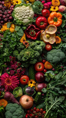 Diverse vegetables with flowers in top view - Top-down view of assorted vegetables intertwined with bright flowers, creating a visually rich tapestry of nature's bounty