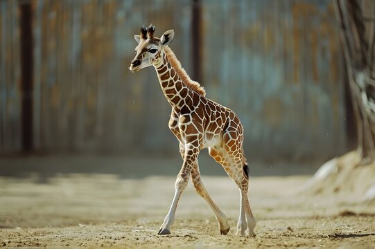 A young Masai giraffe sprints across a meadow.A baby giraffe walking on dirt, with a blurry background